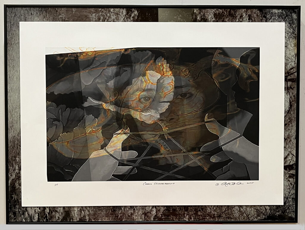 Cheryll Leo-Gwin, Chaos Underground, Digital Collage on archival paper and found object glass and metal, 18”h x 24”w, 2026, photo: Artist