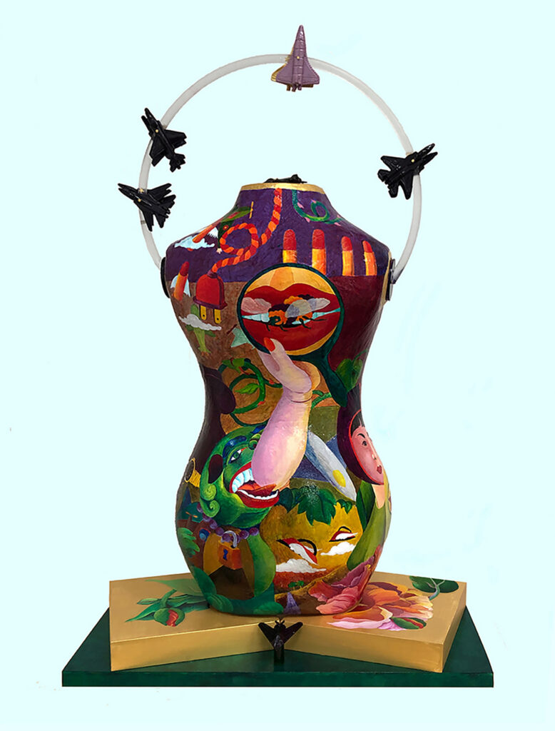 Cheryll Leo-Gwin, Homage to Hazel Ying Li, Paper maché, acrylic paint, wood, plastic and found objects, 32”h x 2-“w x 10”d, 2023, photo: Artist