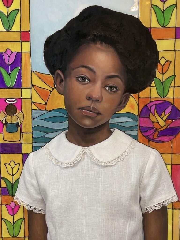 Bonnie Hopper, Remember When, large scale collage on yupo paper, oil paints/oil stick with resin overlay, 48x36x1 canvas, 2021