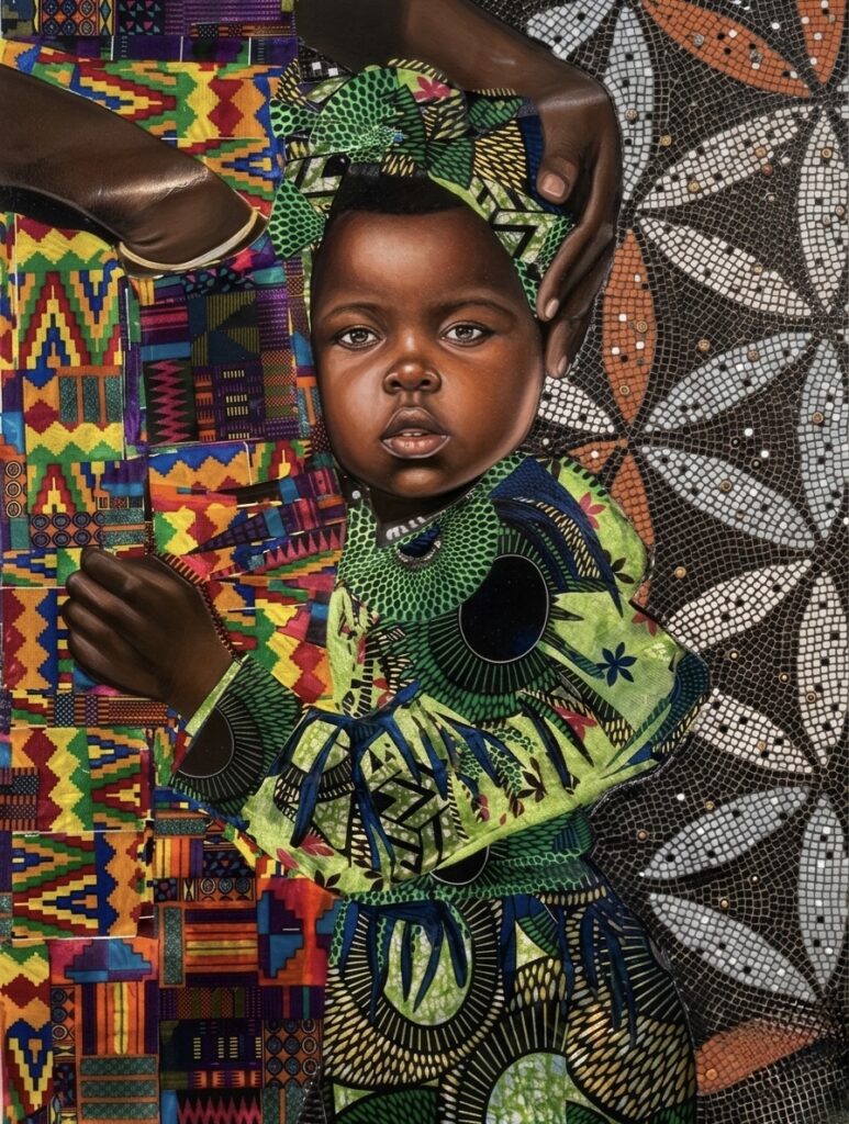 Bonnie Hopper, Mother and Child, Large scale collage on yupo paper, oil paint/oil stick, mosaic tile with resin overlay, 48x36x1 hardboard, 2024