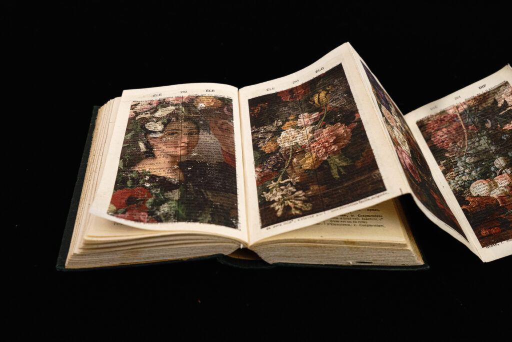 Ellen Sollod, Aprés Simon Saint-Jean, photo transfers on altered French-Latin dictionary, 6"h x 34" w (open), 2026, photo credit: Ellen Sollod