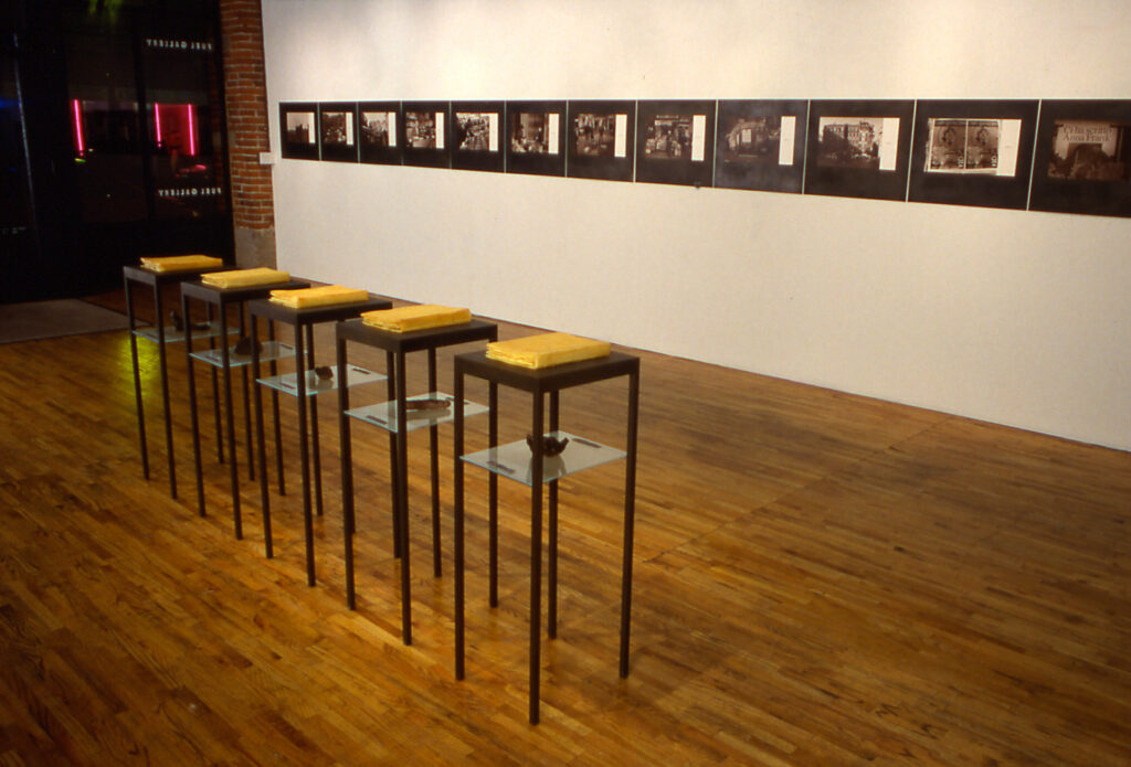 Ellen Sollod, Witness, wax, steel, lead, ceramic, photos on steel, text, variable dimensions, 1994, photo credit: Arthur Awbry